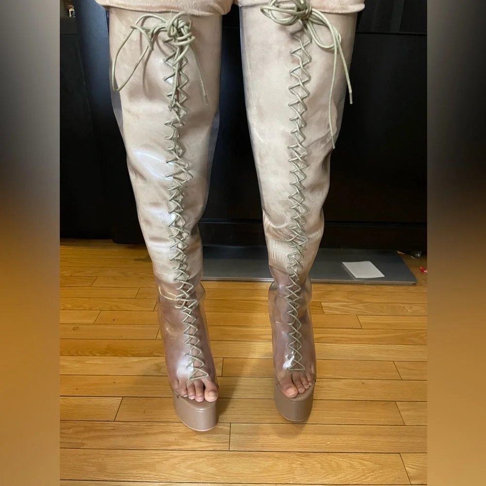 💙 NUDE  Platform THIGH HIGH LACE UP Boot SHOES *NEW*